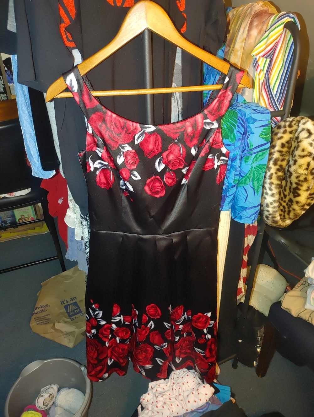 White House Black Market Black Dress with Red Rose Print -